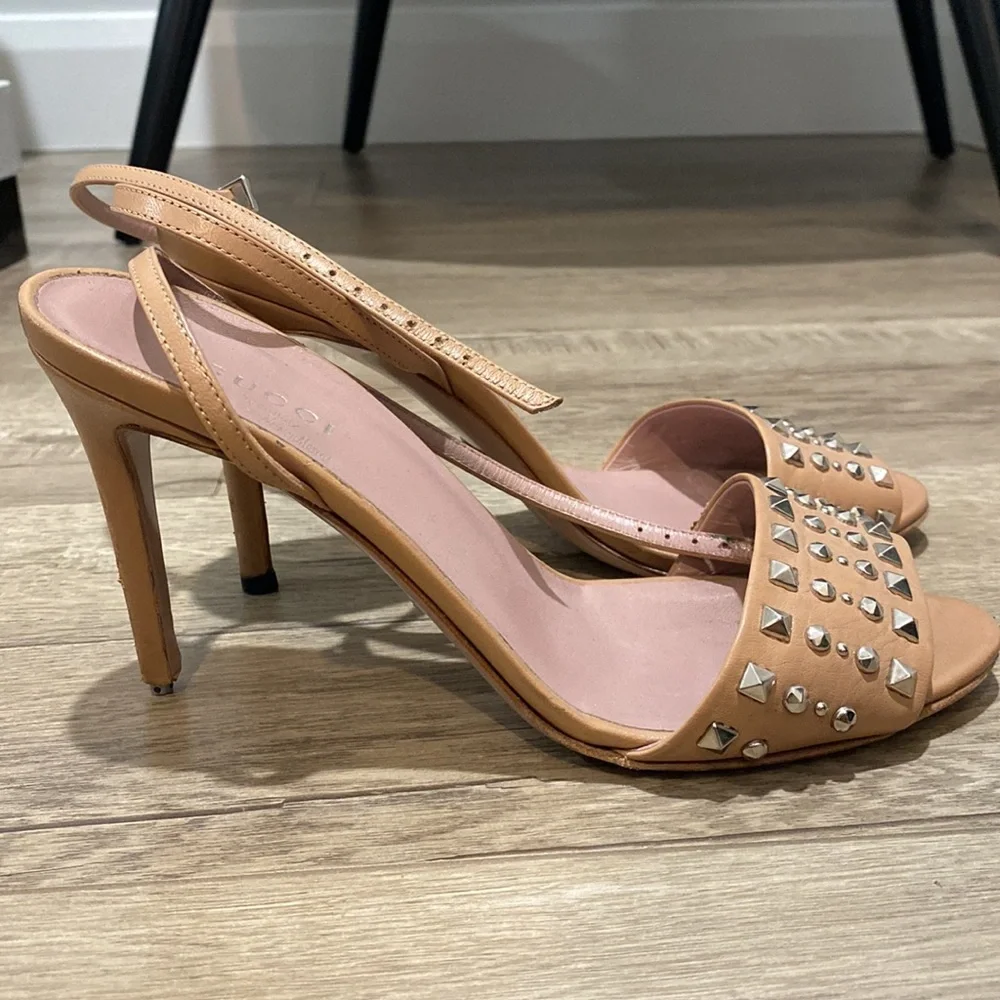 Gucci Nude Studded Ankle Strap Heels - Picture 2 of 8